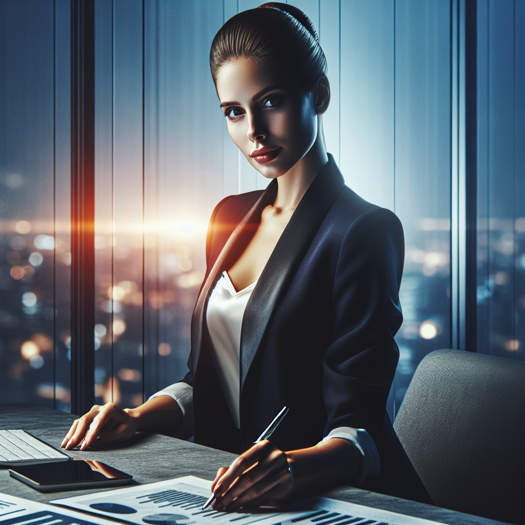 A professional business funding consultant at their desk with financial documents, in a bright office overlooking a cityscape.
