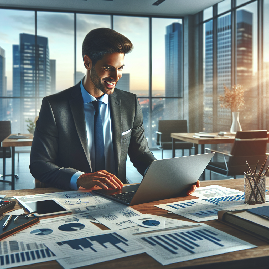 A professional business funding consultant working at a desk laden with financial documents in a modern office, with a cityscape in the background.