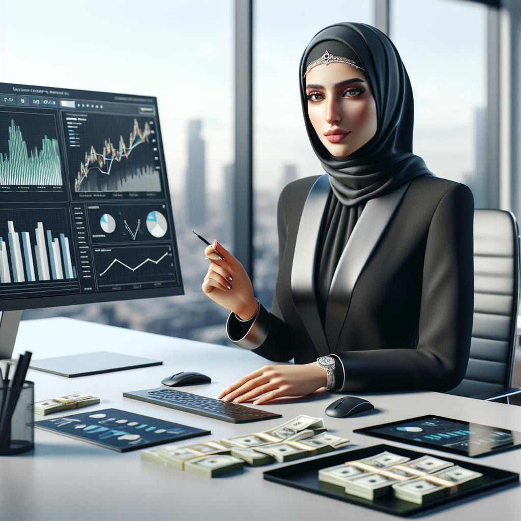 A business funding consultant in a modern office, analyzing financial data on a screen and tablet, surrounded by currency, with a confident demeanor.