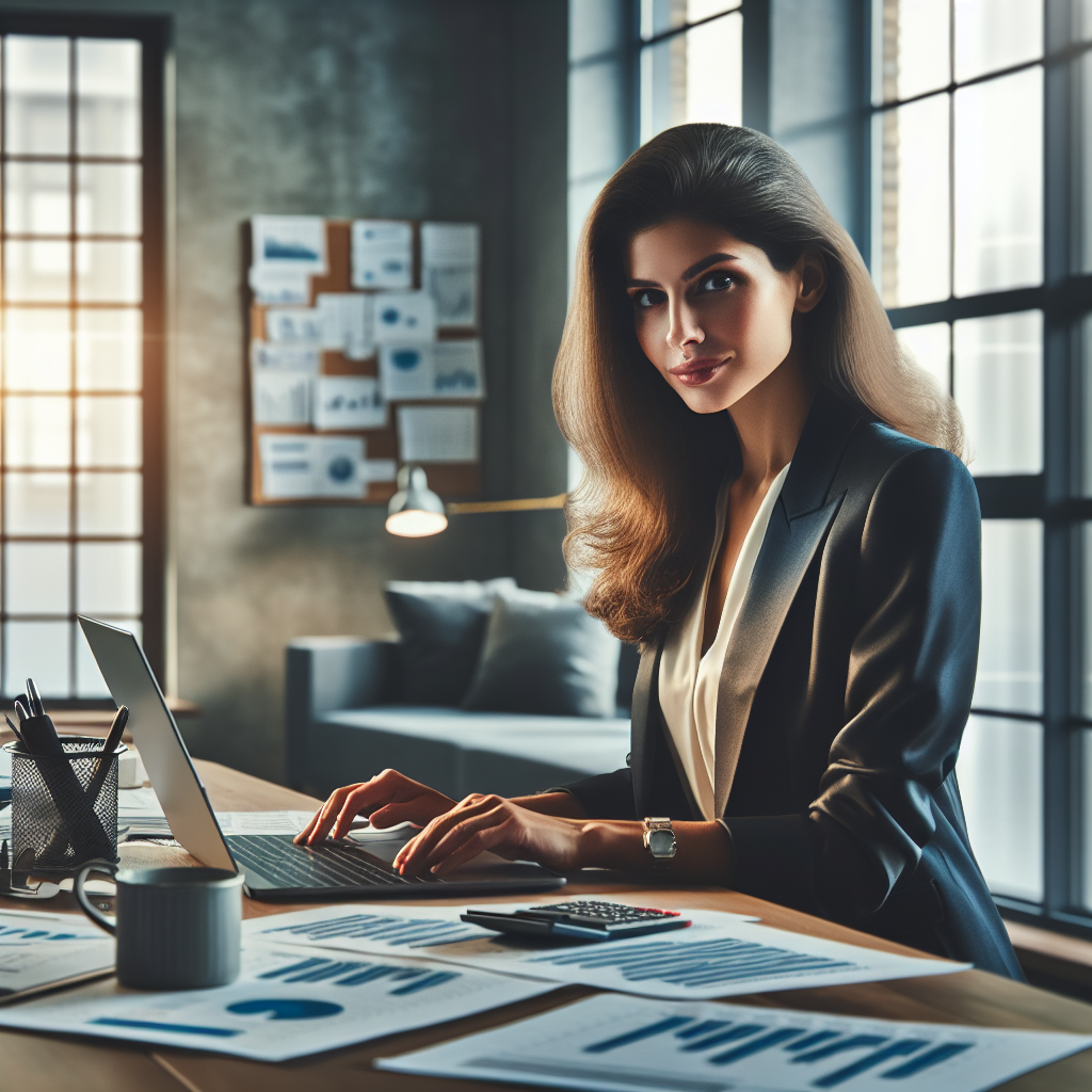 A business funding consultant analyzing a financial report on a laptop in a modern office.