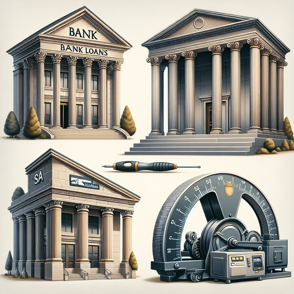 A collage of business funding symbols including a classic bank, a government building, a flexible tape measure, and industrial machinery, all depicted without text in a realistic, professional style.