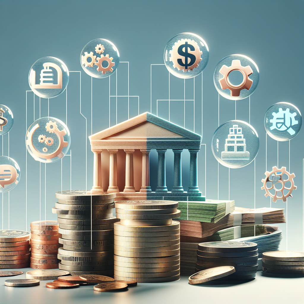 Assorted currency with translucent icons of a bank, government building, line graph, and machinery gears, representing different business funding options.