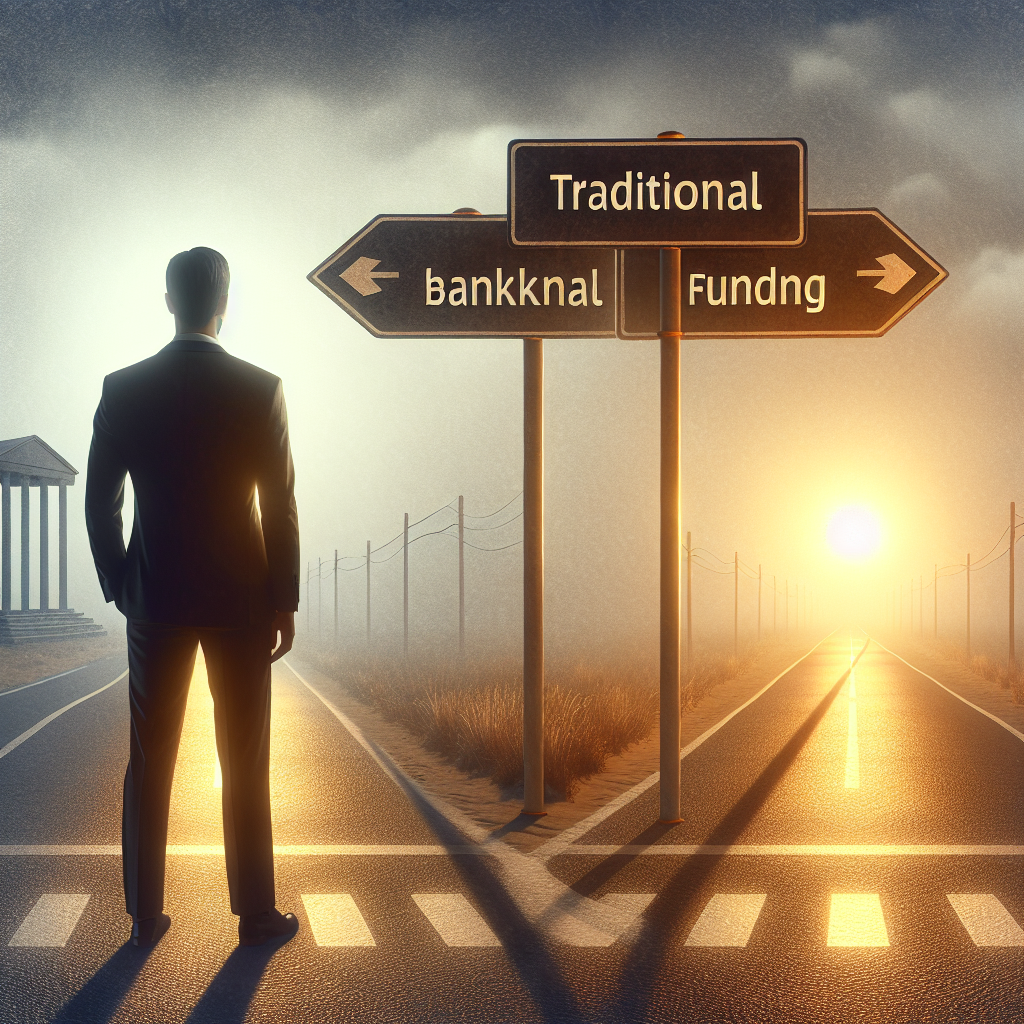 Entrepreneur at a crossroads between 'Traditional Banking' and 'Flexible Funding' paths, depicting the choice of funding sources for businesses with bad credit.