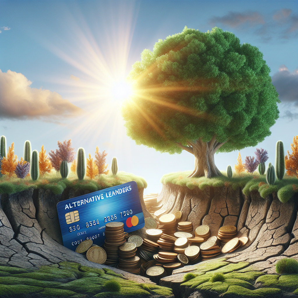 An artistic representation of overcoming financial challenges, depicting a robust tree growing in cracked terrain with sunlight and elements symbolizing alternative financing.