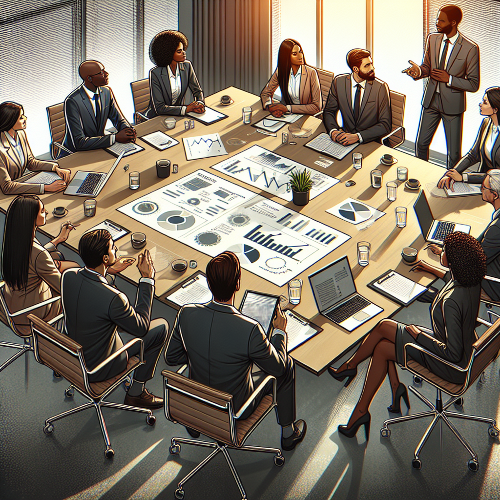 A bright, modern conference room with a diverse group of professionals discussing business growth, surrounded by charts and digital devices.