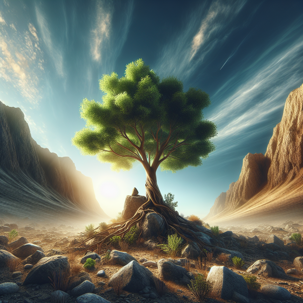 A realistic tree with lush leaves growing in a rocky barren landscape under a blue sky, representing overcoming bad credit for business financing.