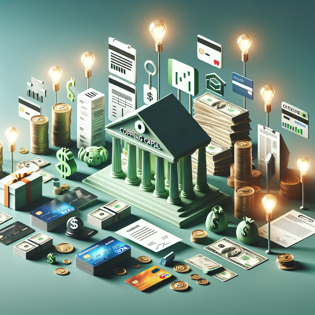 Assortment of financial representations including bank buildings, credit cards, invoices, and cash to symbolize different forms of working capital funding in a balanced and professional composition.