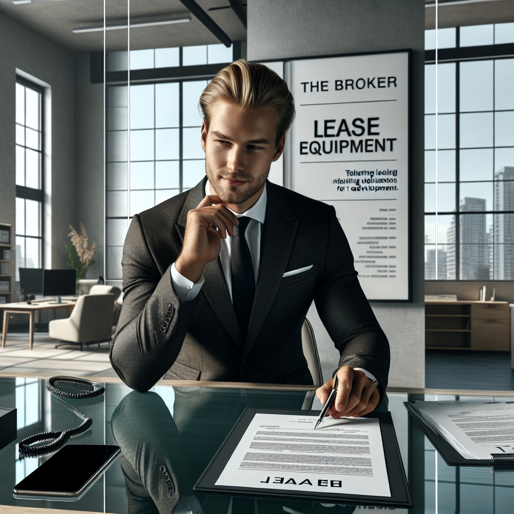 Realistic office environment showing leased equipment and a business person reviewing a leasing contract, with 'The Broker' plaque.