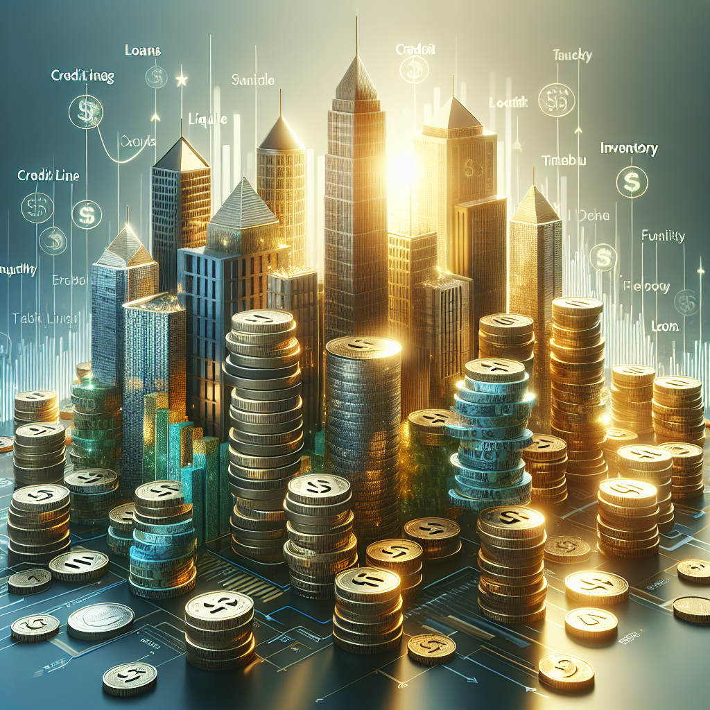 Abstract skyscrapers made of stacked coins with terms related to working capital like 'loans' at the base, surrounded by a flowing sea of currency notes and a sunrise backdrop.