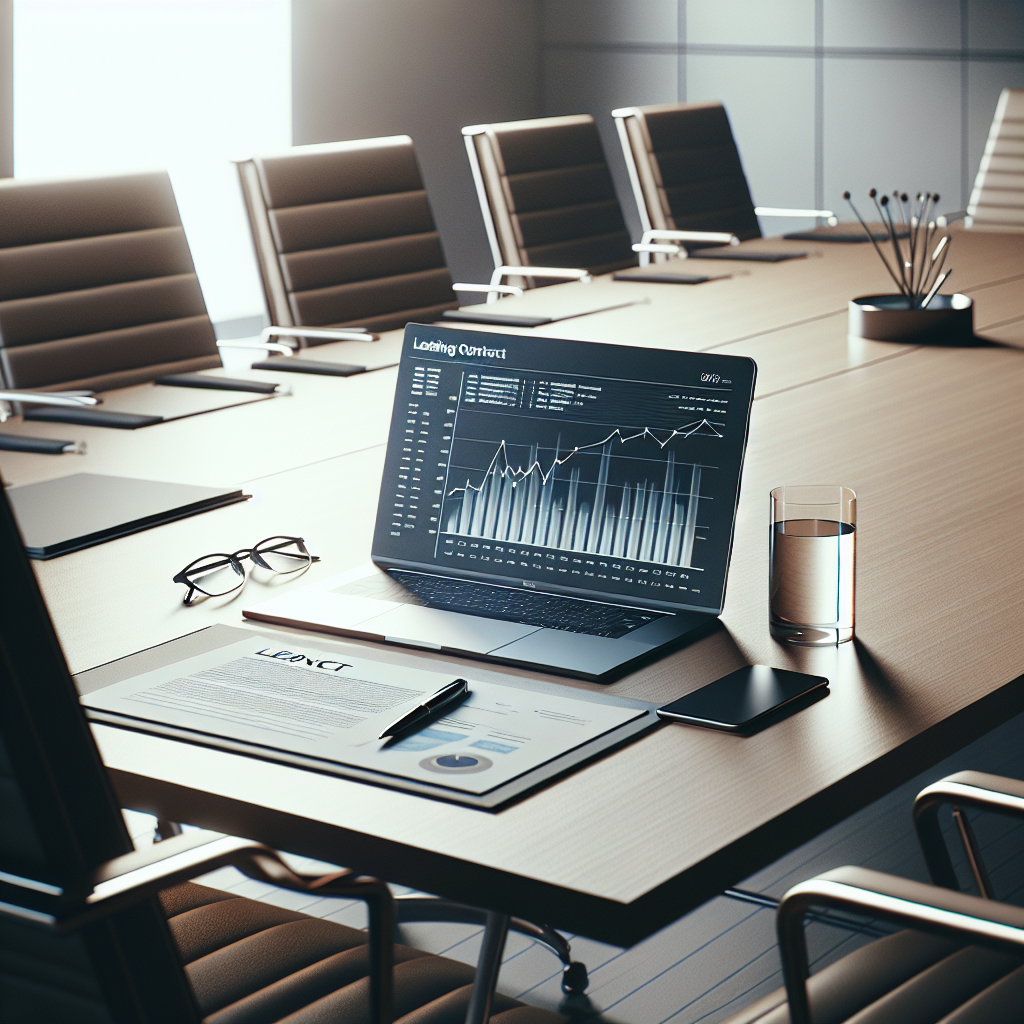 Corporate boardroom desk with laptop showing finance graphs and leasing documents.