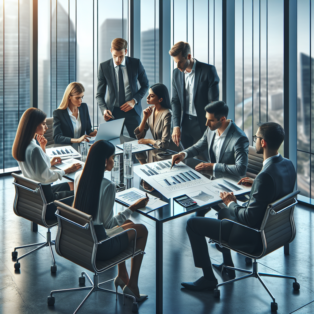 Business professionals in a meeting discussing financial documents with a laptop, charts, and a skyline view from a modern office.