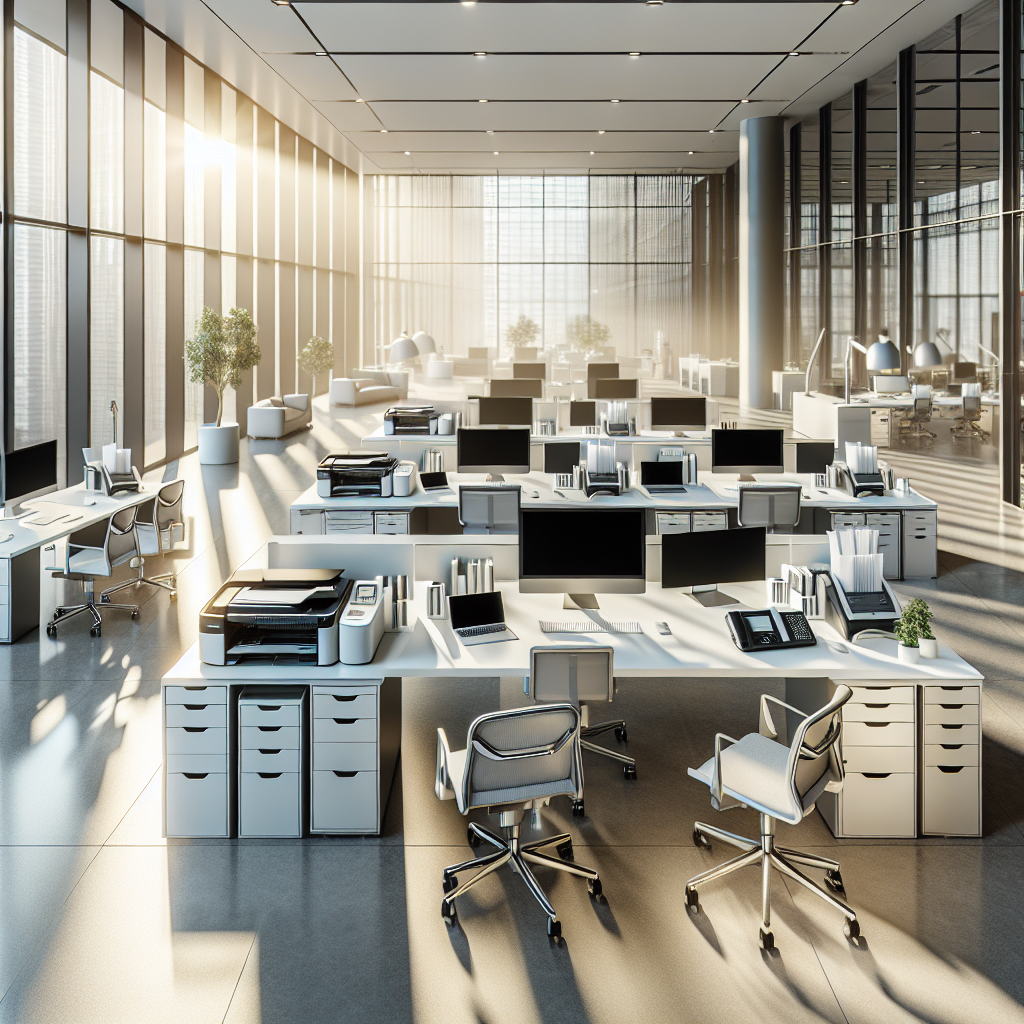 A realistic and clean modern office environment showcasing a variety of leased business equipment on tidy desks with natural lighting, representing easy equipment leasing options without any human figures or text.