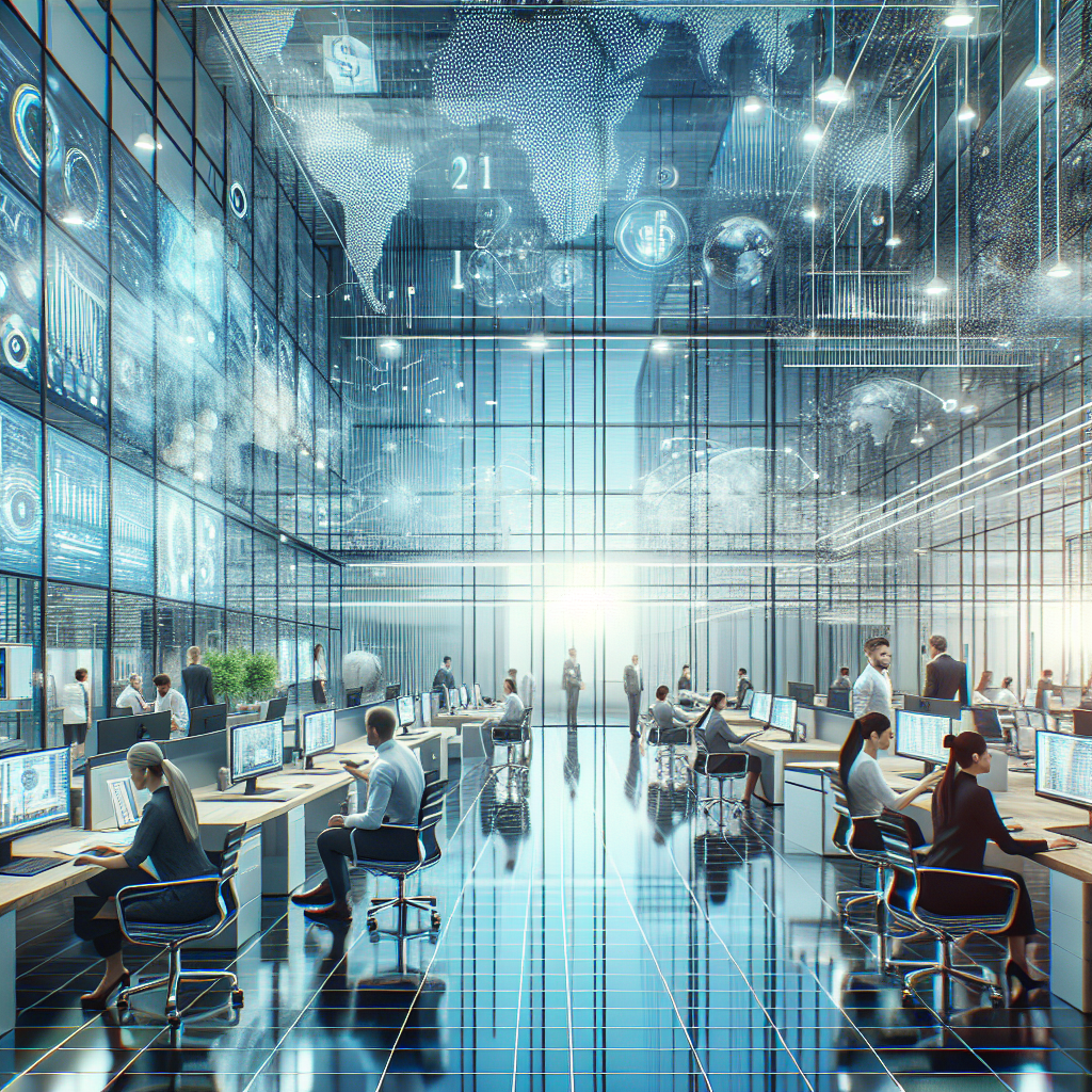 A realistic digital painting of a dynamic office environment symbolizing working capital funding, with professionals, financial charts, and a modern workspace.