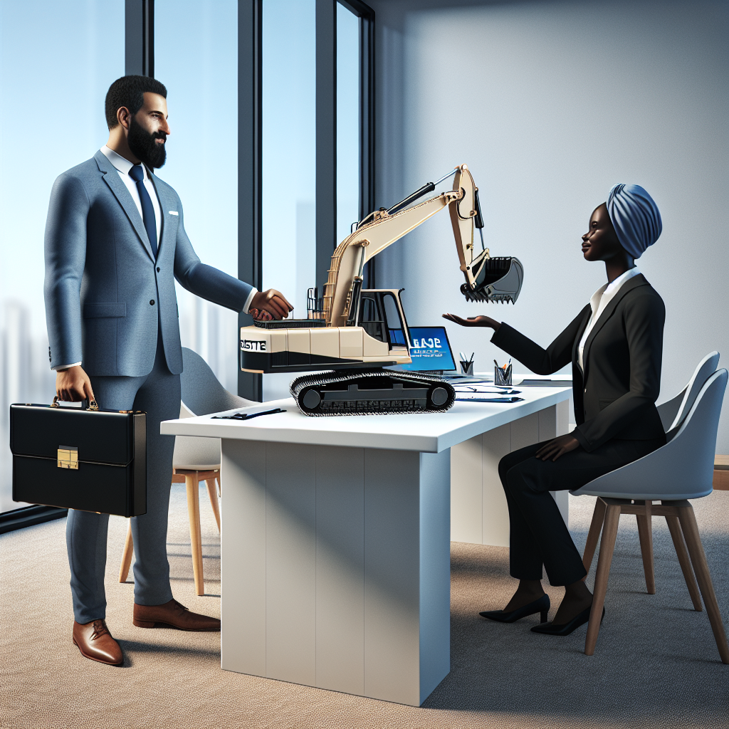 A financial advisor and client shaking hands over a leasing contract in a modern office, with the advisor handing over a miniature excavator model.