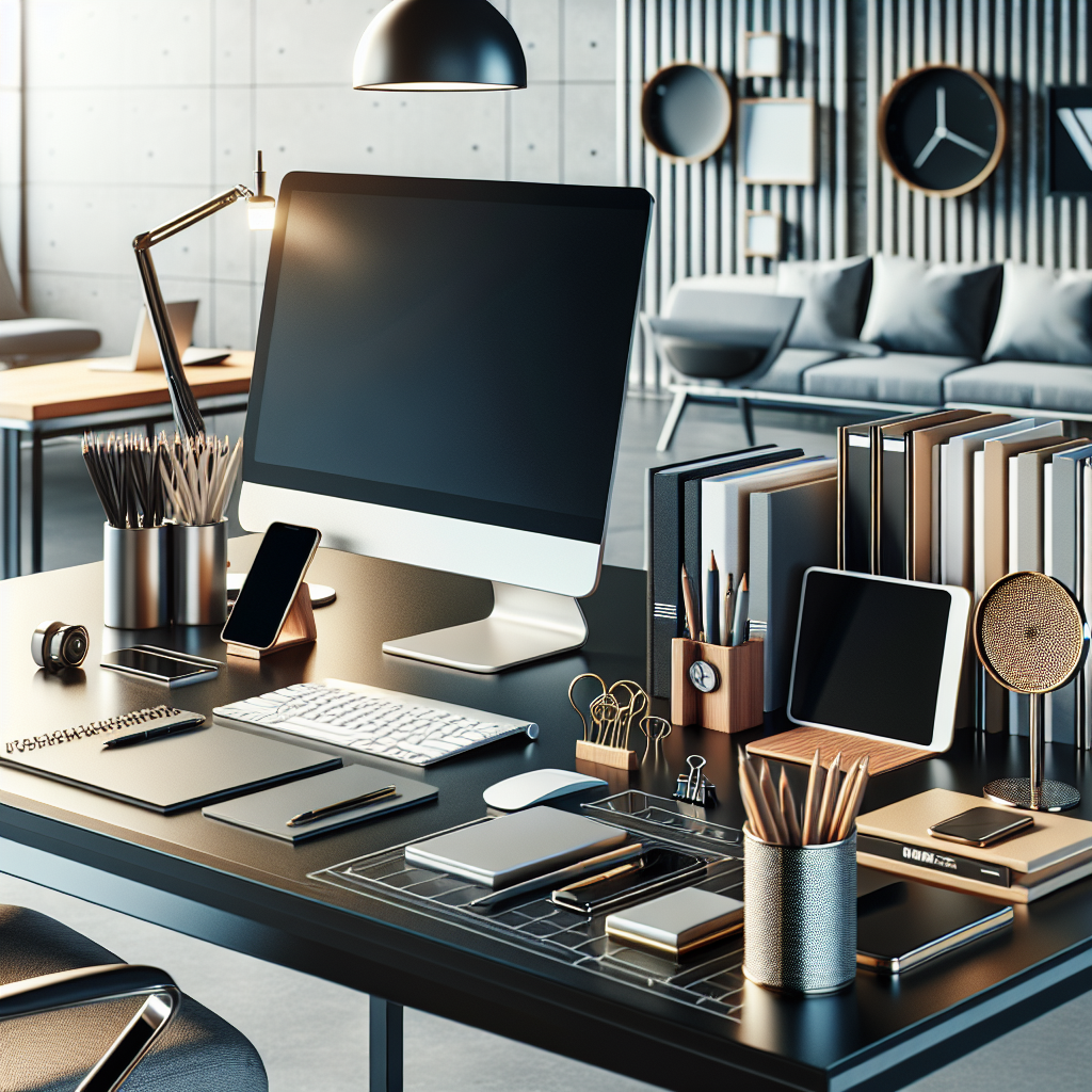 Modern office equipment on a desk in a professional setting.