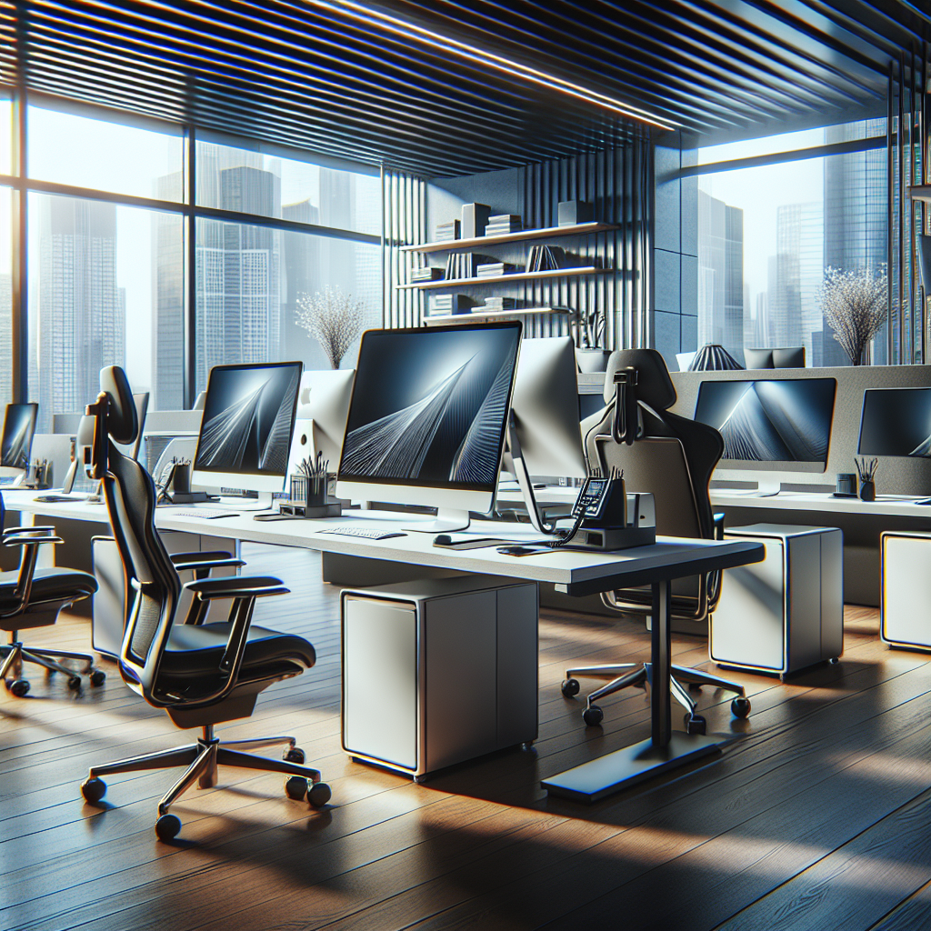 Office equipment and technology in a modern office setting.