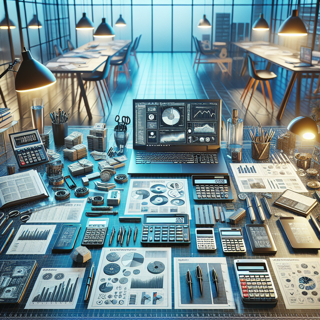 A realistic image of financial equipment and tools on a table in a modern office setting.
