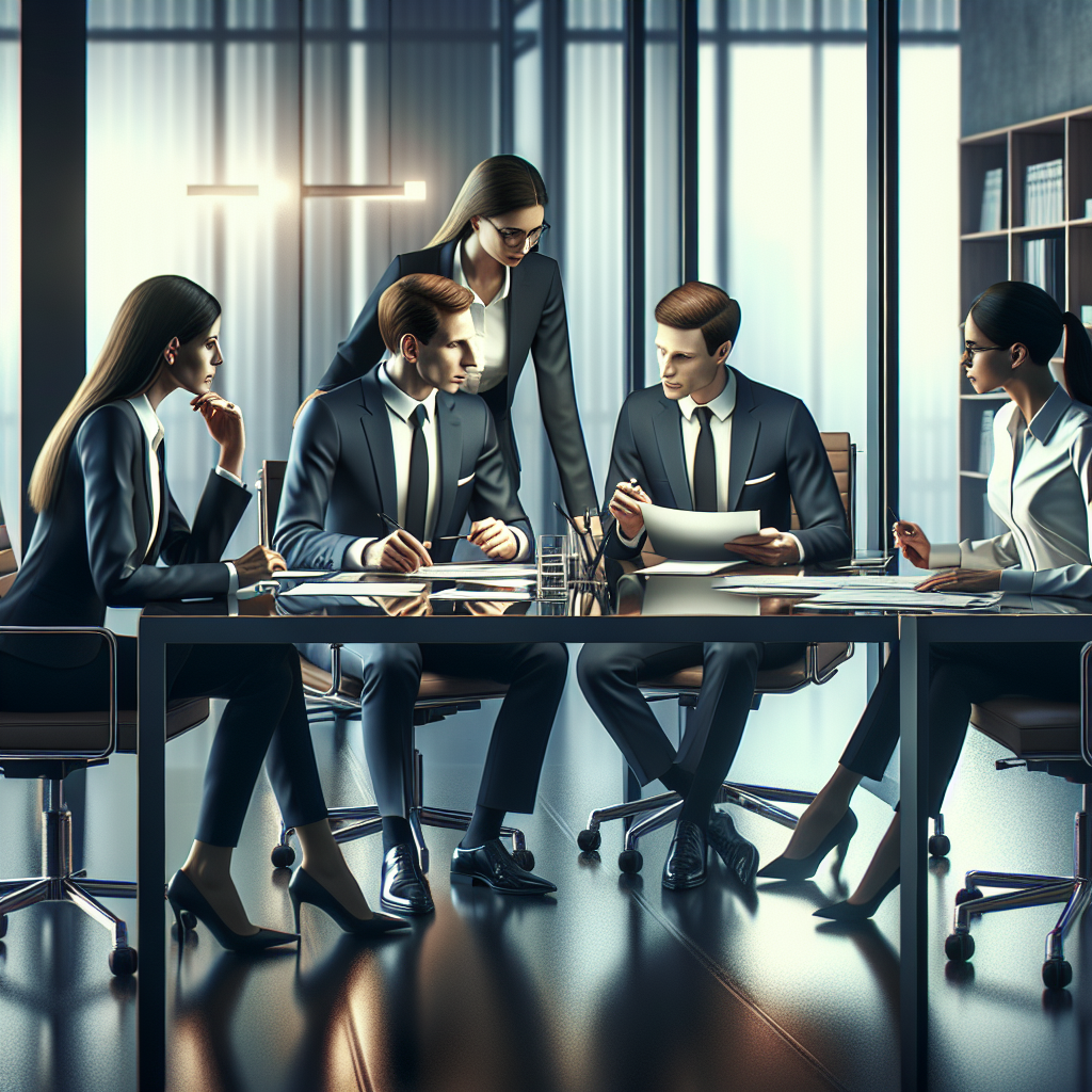 A realistic business meeting scene with professionals, modern office furniture, and a collaborative environment.