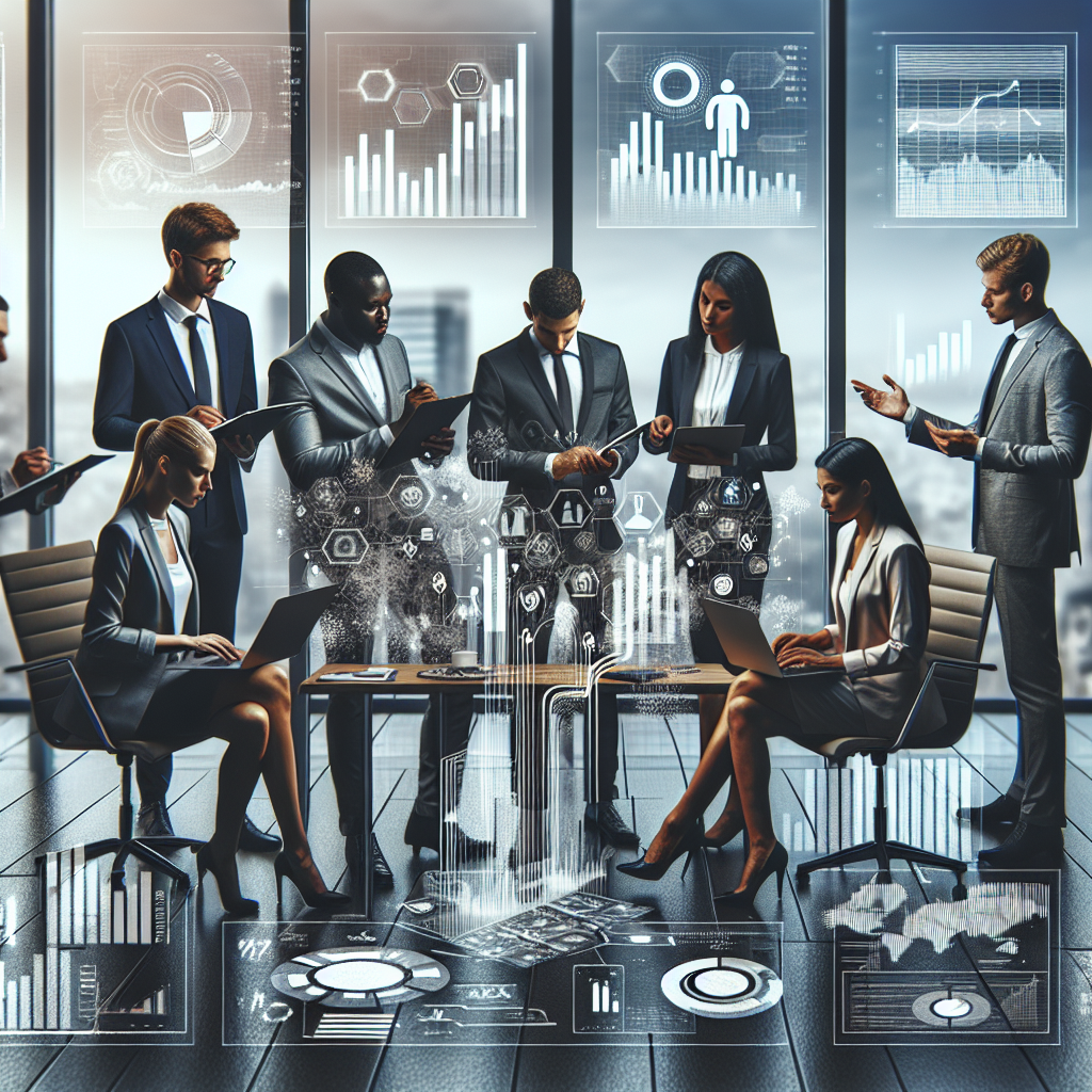 Diverse business professionals collaborating on financial documents in a modern office setting.