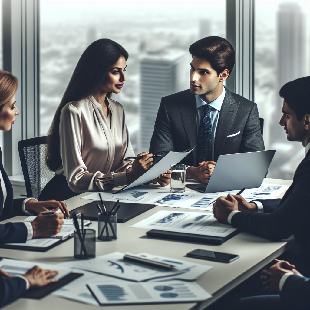 Realistic depiction of a business meeting discussing expansion funding.