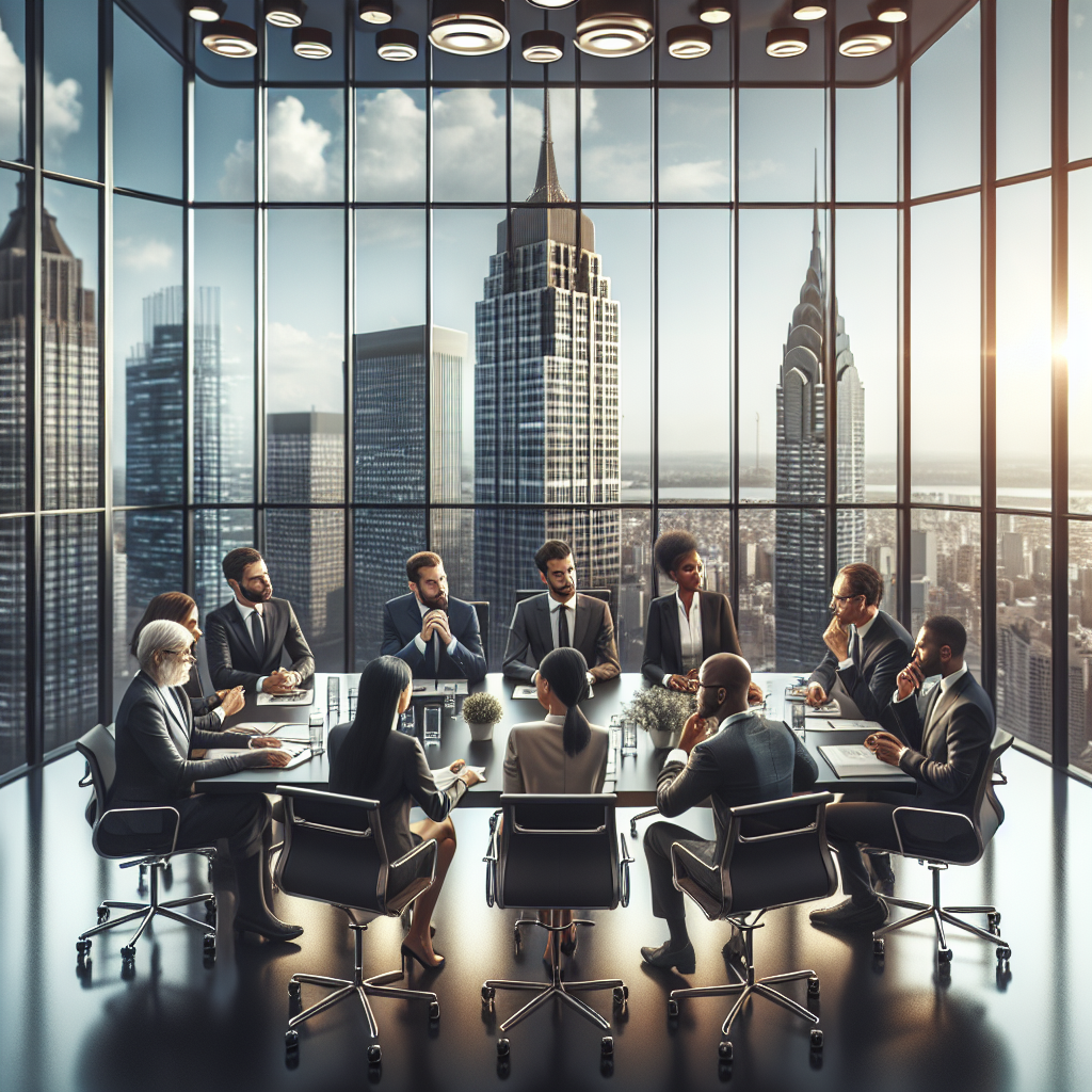 Business professionals in a modern office discussing expansion funding.