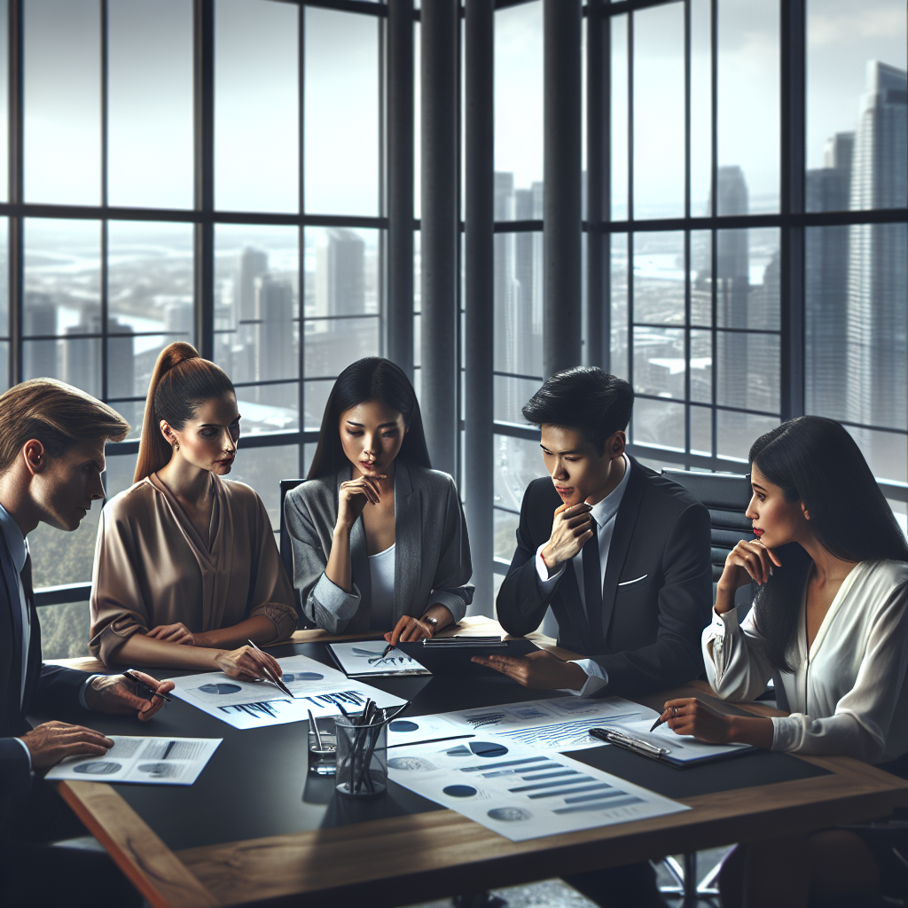 A group of business professionals in a meeting room discussing growth strategies.