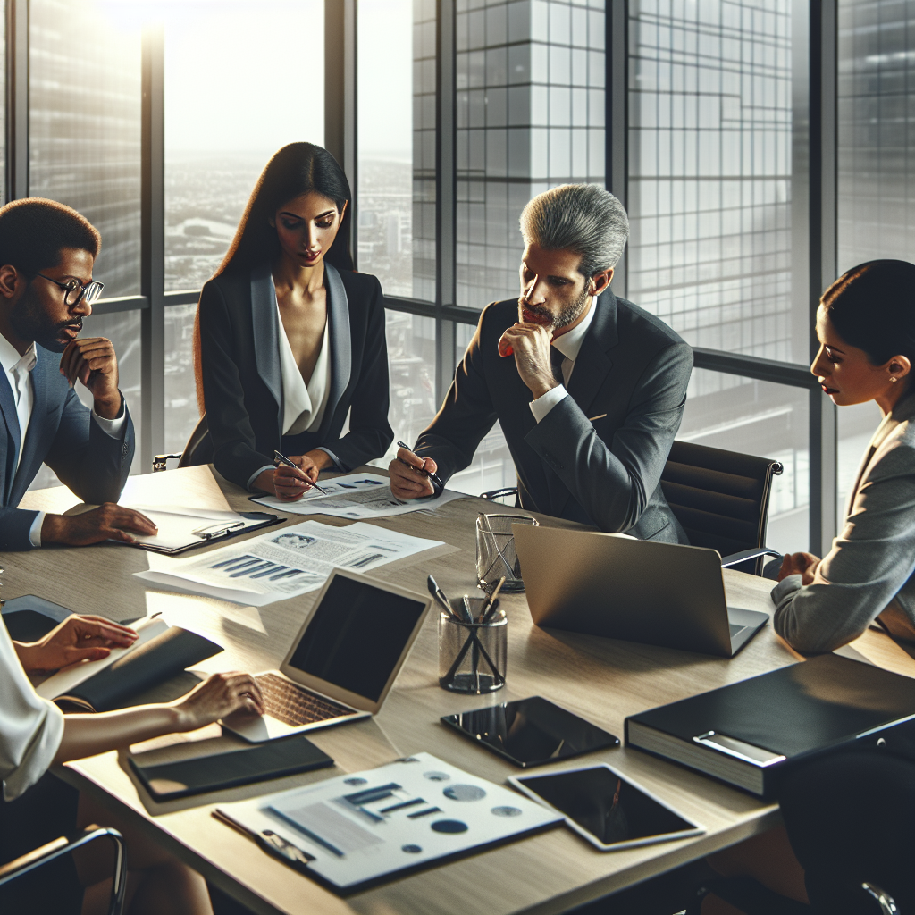 Business professionals discussing equipment leasing in a modern office setting.