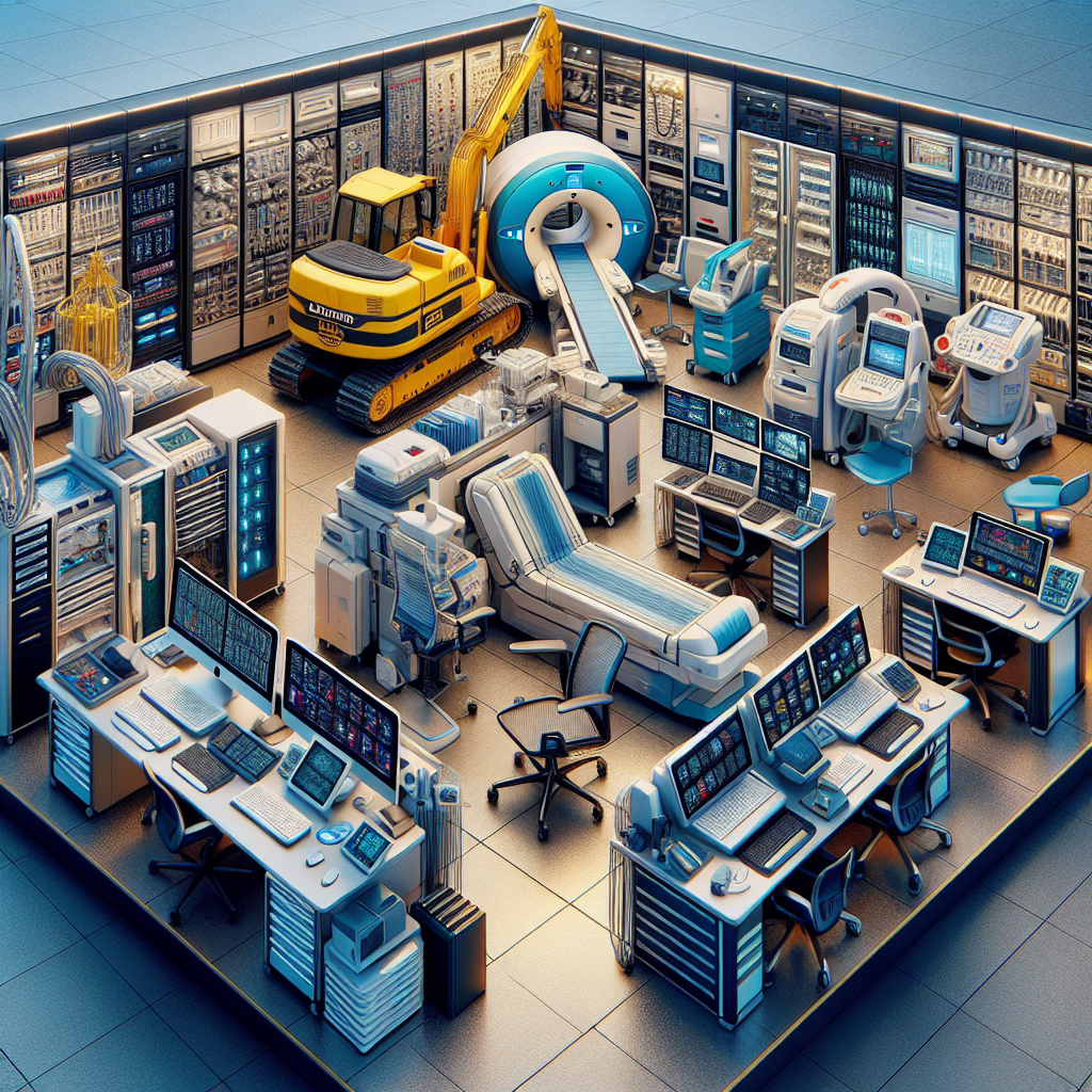 A realistic image of modern equipment leasing including office gear, construction machinery, and medical devices in a clean, well-organized setting.