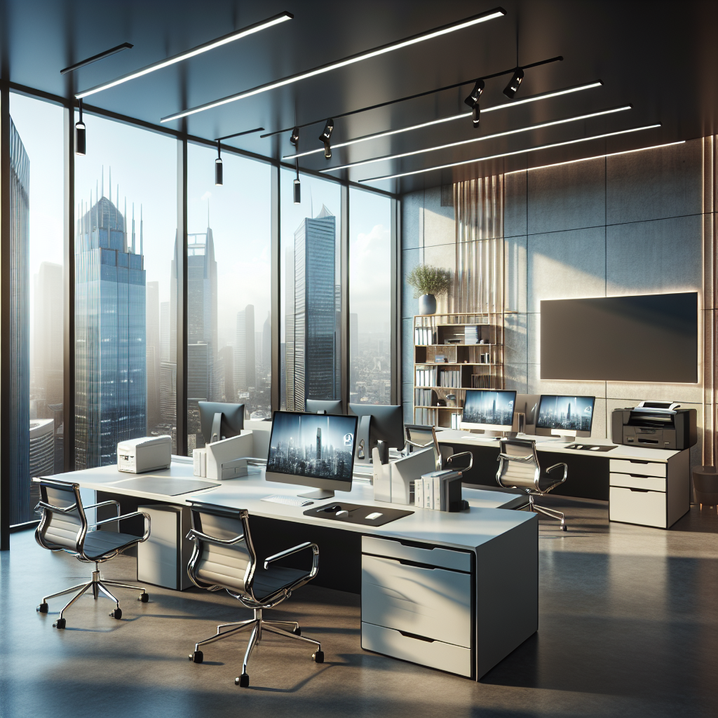 A modern office environment with contemporary furniture, large windows, and a cityscape view.