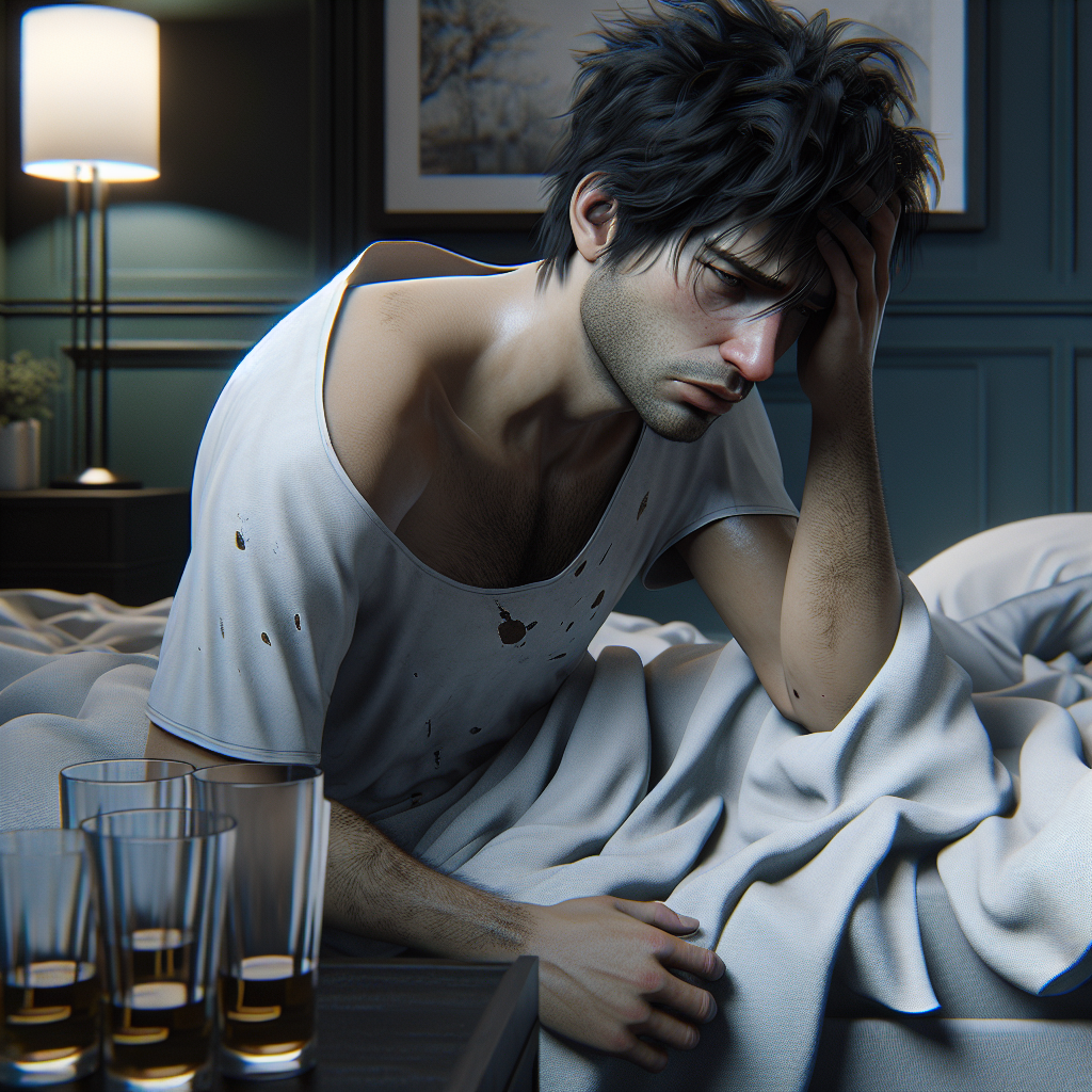 A young man lying in bed with a pained expression, surrounded by empty glasses, depicting a hangover.