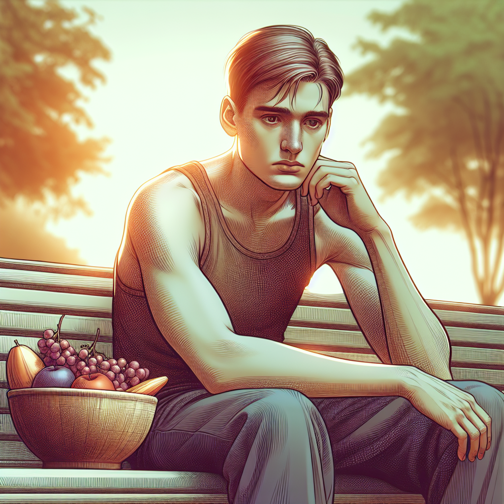 A tired young adult sitting on a park bench, depicting Vitamin B1 deficiency.