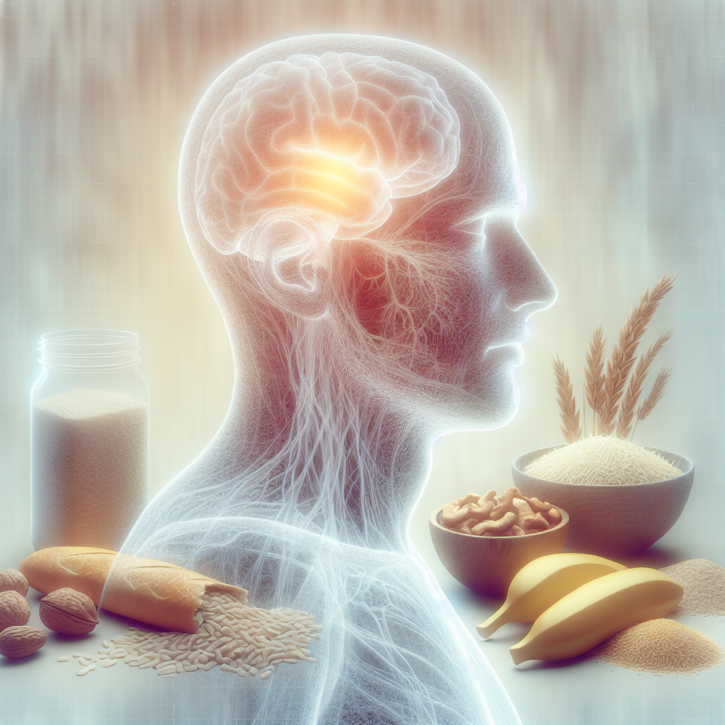 An artistic representation of Vitamin B1 deficiency, featuring a human silhouette surrounded by carbohydrate foods and Thiamine-rich items.