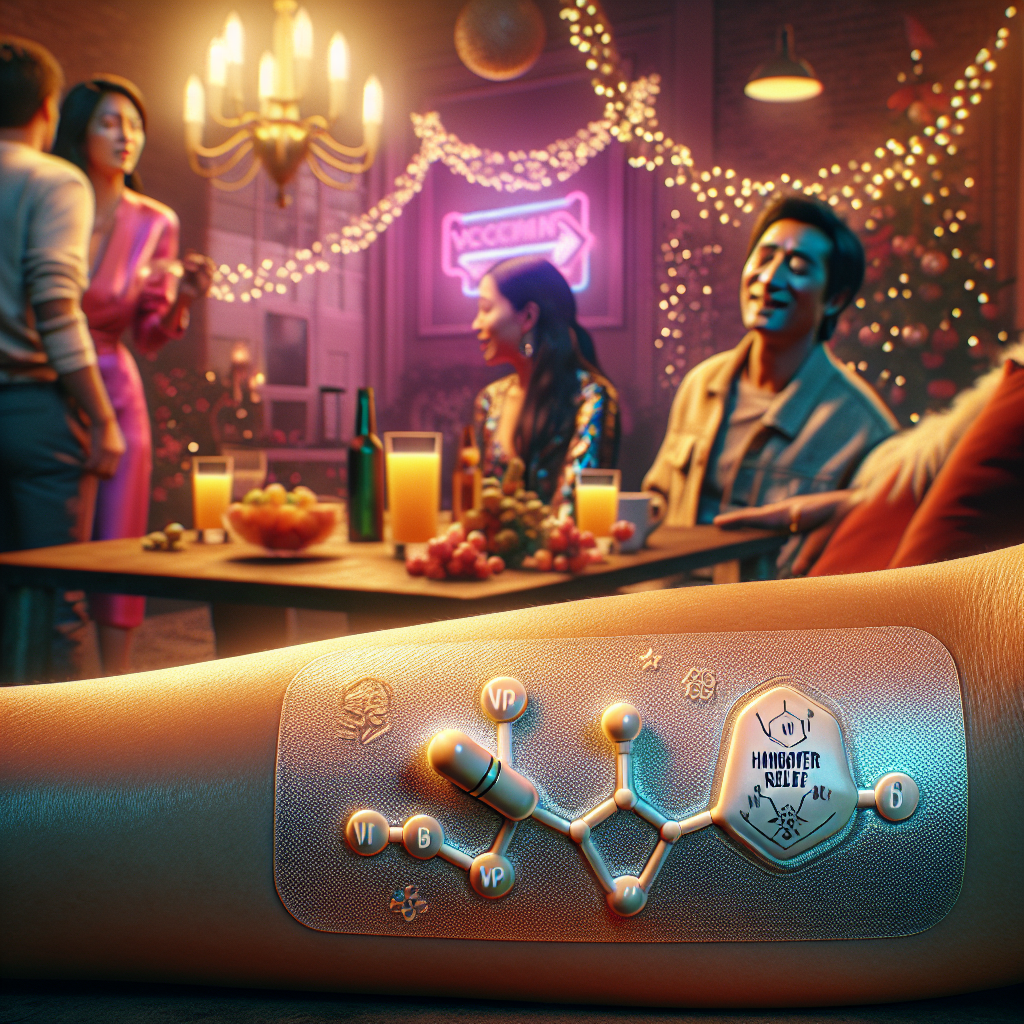 A colorful party scene with a hangover prevention patch on a well-toned arm, illustrating recovery.