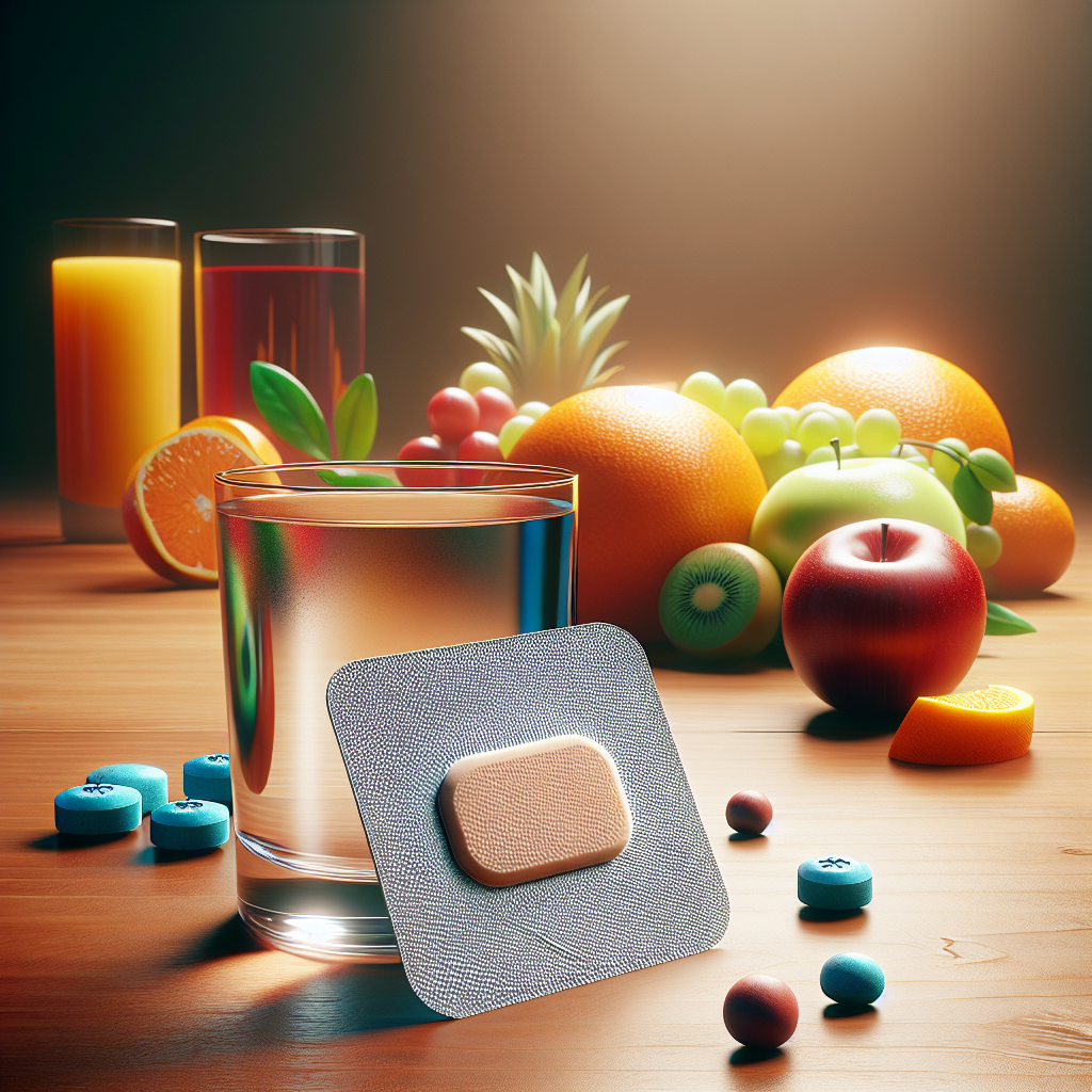 A hangover prevention patch on a wooden table, with a glass of water and vibrant fruits in the background.