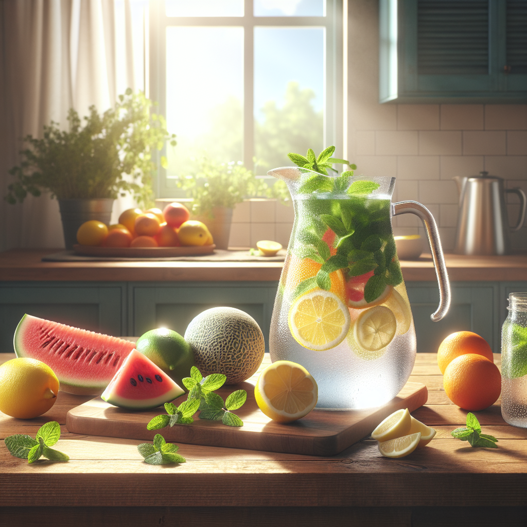 A kitchen setting with a pitcher of electrolyte drink and fresh fruits, symbolizing hydration after a hangover.