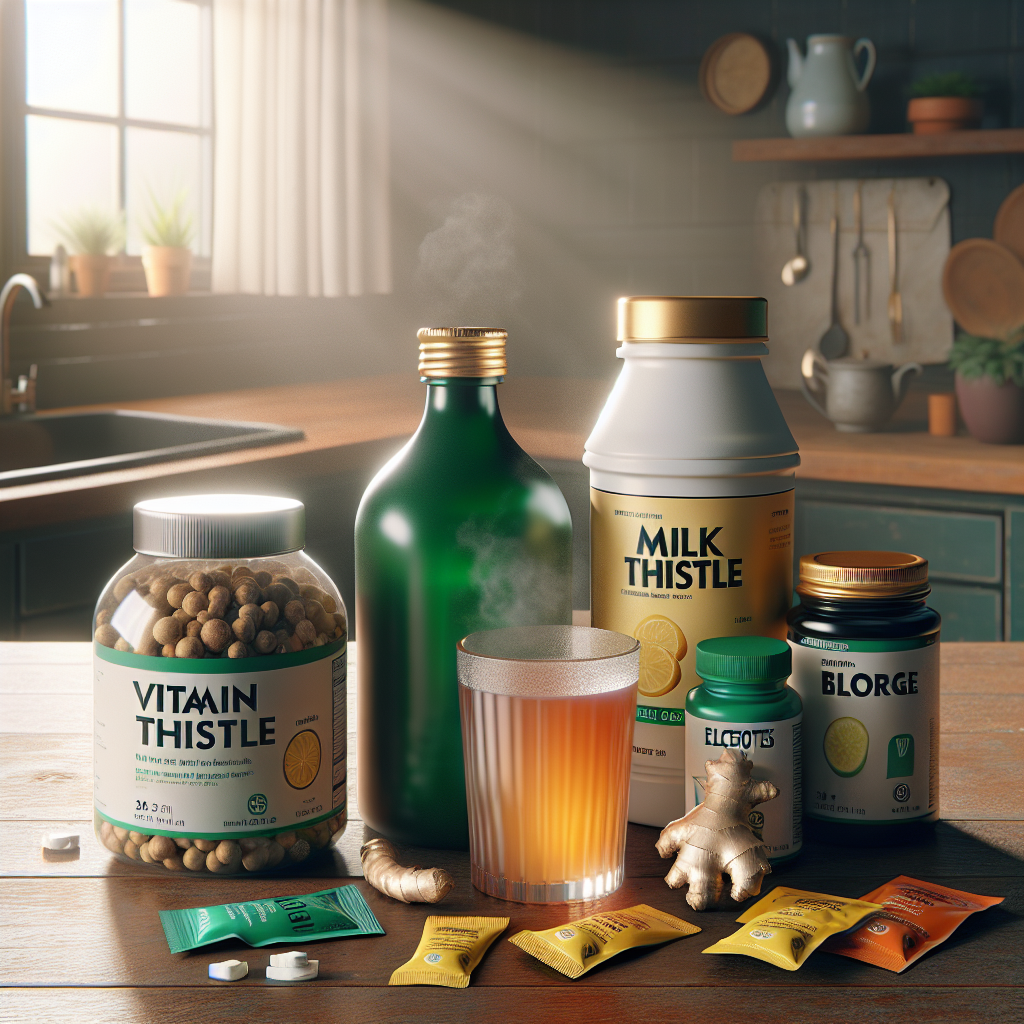 An array of hangover prevention supplements on a wooden table.