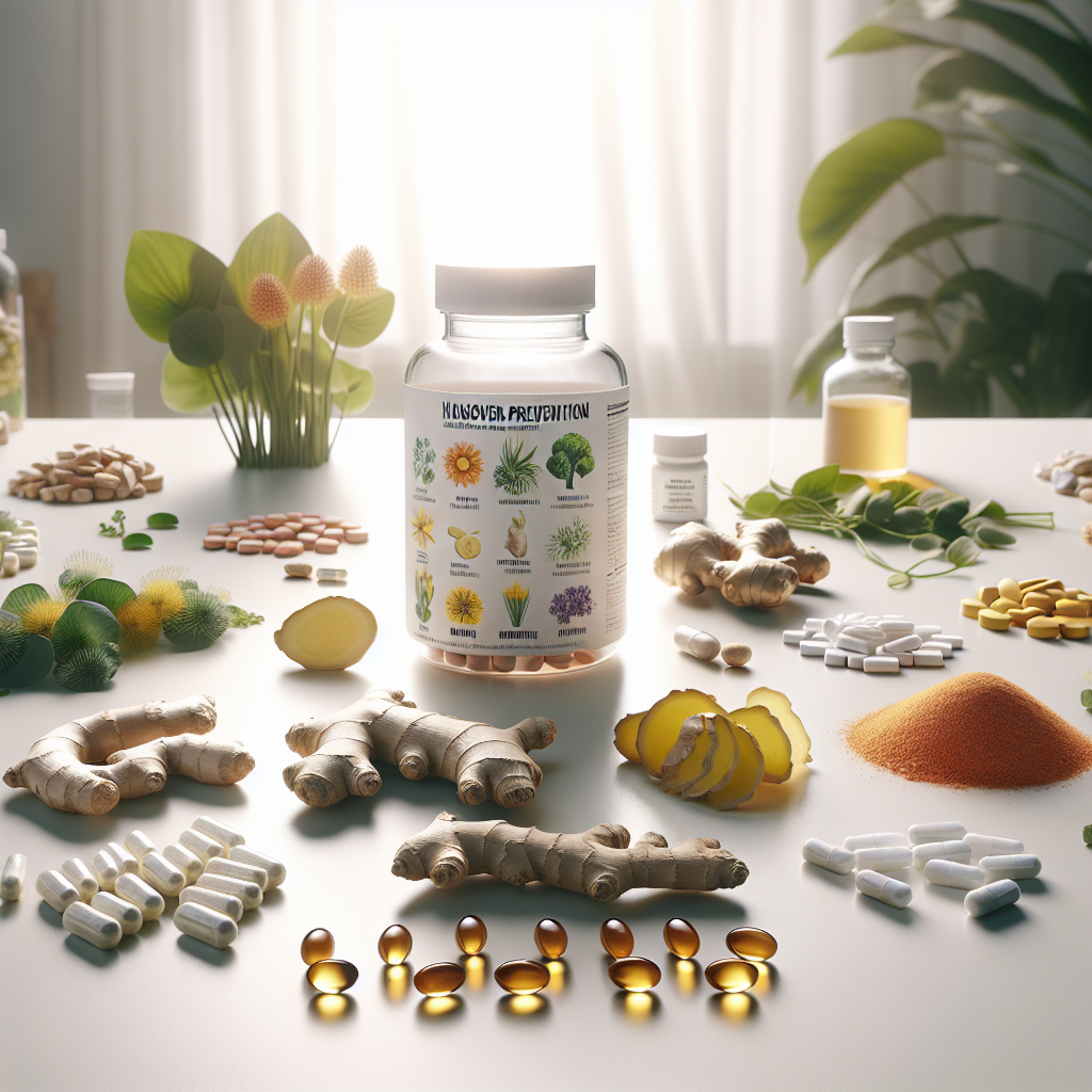 A display of hangover prevention supplements with ingredients like Vitamin B1, Milk Thistle, Electrolytes, and Ginger on a white table.