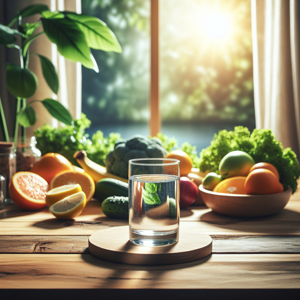 A serene indoor setting symbolizing the alcohol detox process with a glass of water and fruits.