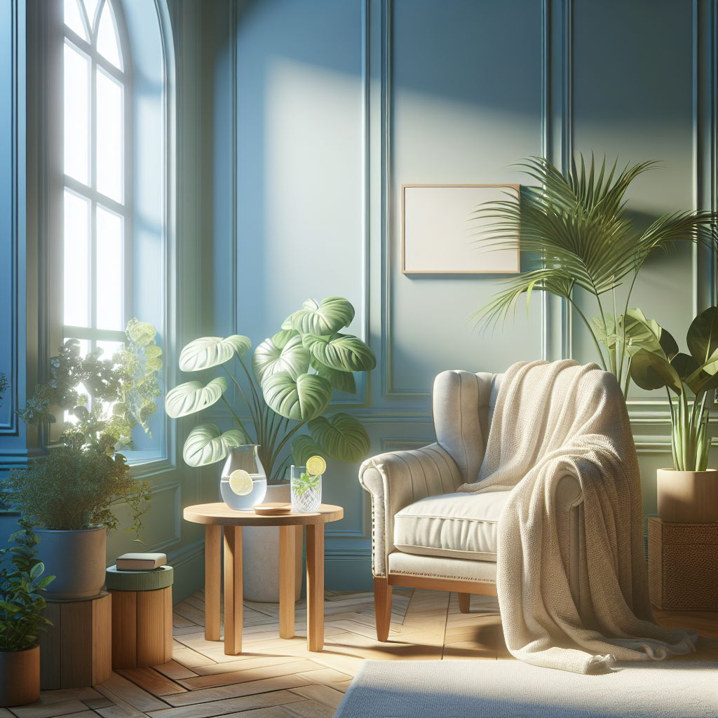 A cozy indoor scene promoting comfort during alcohol detox, featuring an armchair, plants, and a glass of water.