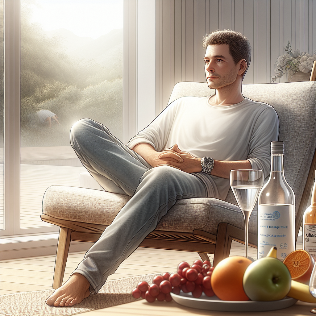 A serene indoor setting showing a man contemplating alcohol detox with detoxifying elements.