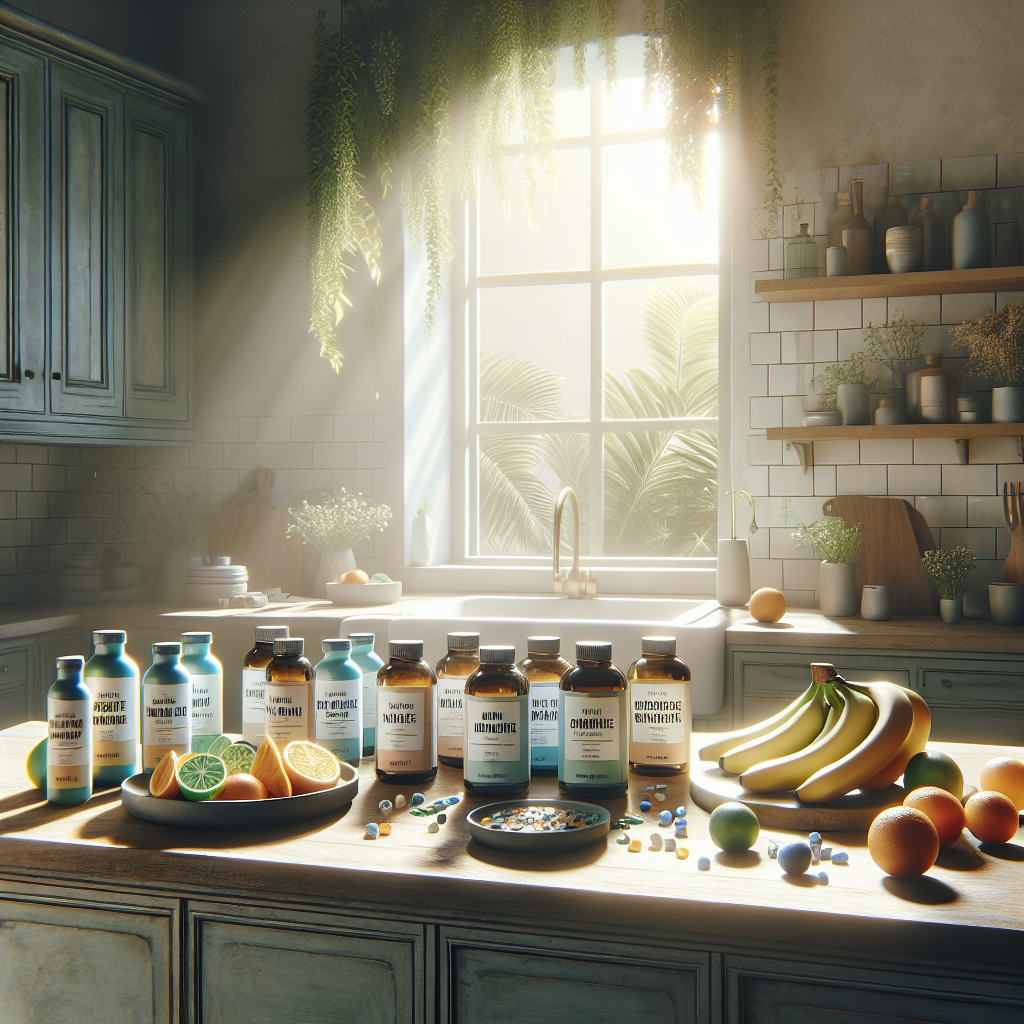 A kitchen countertop with various anti-hangover supplements and fresh fruits in a warm morning light.