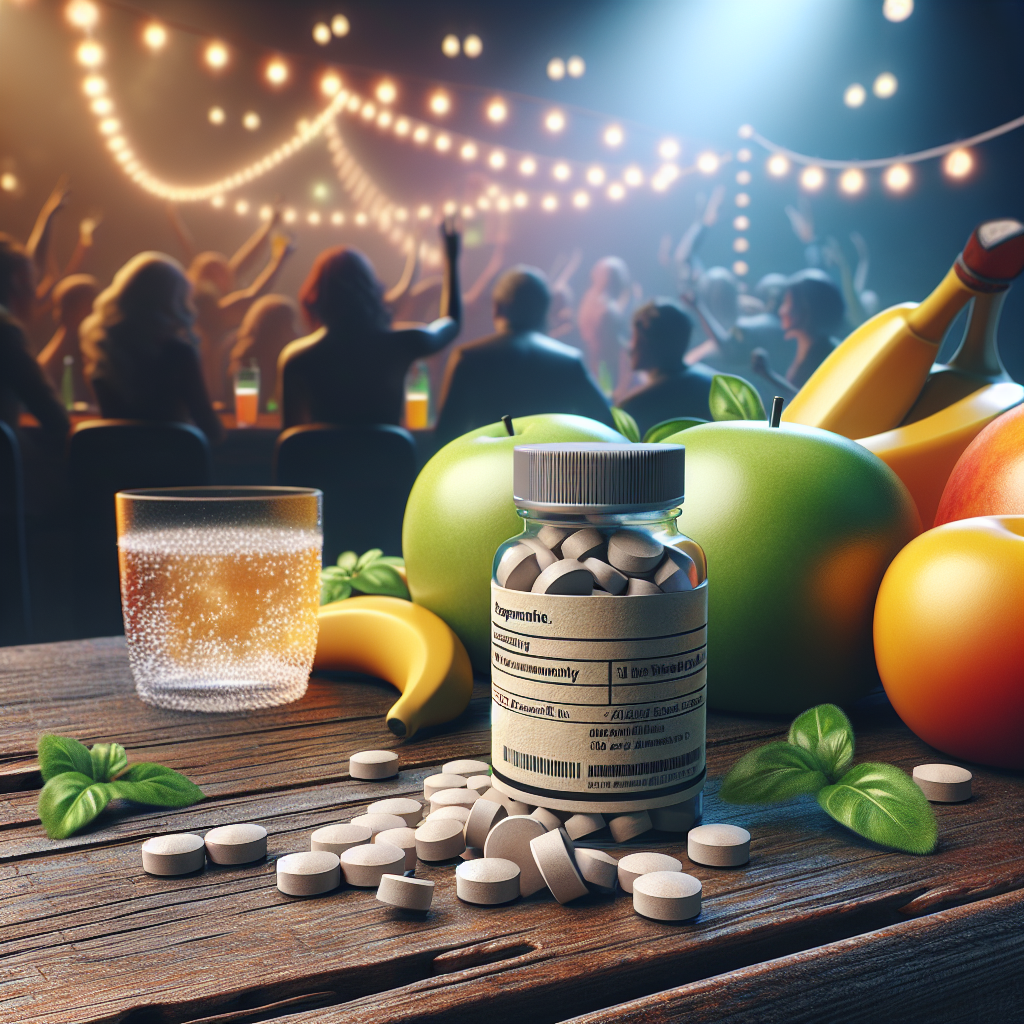 A pill bottle and fruits on a table, with a soft-focus party background.