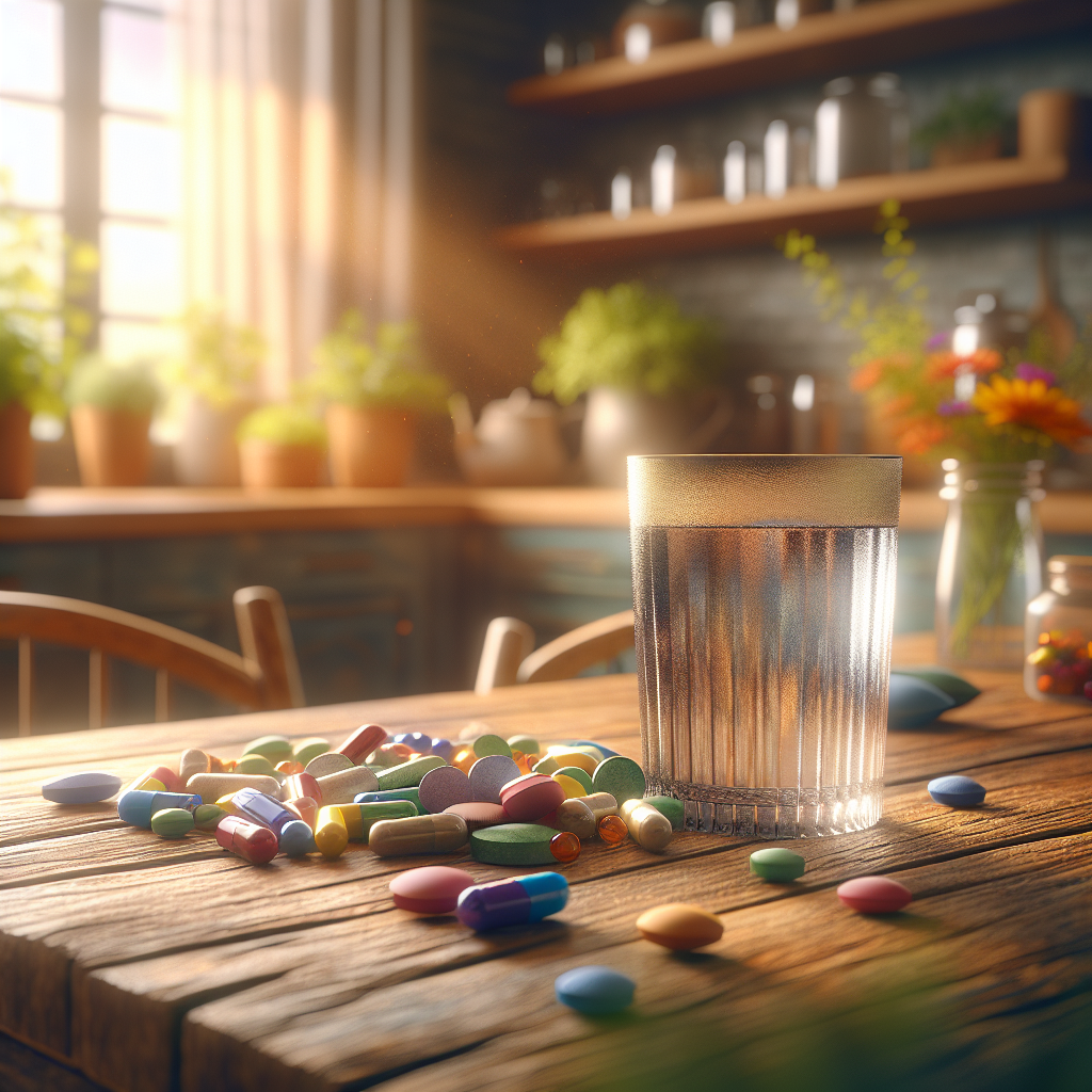 A serene morning scene with colorful anti-hangover supplements on a wooden table and a glass of water shining in warm sunlight.