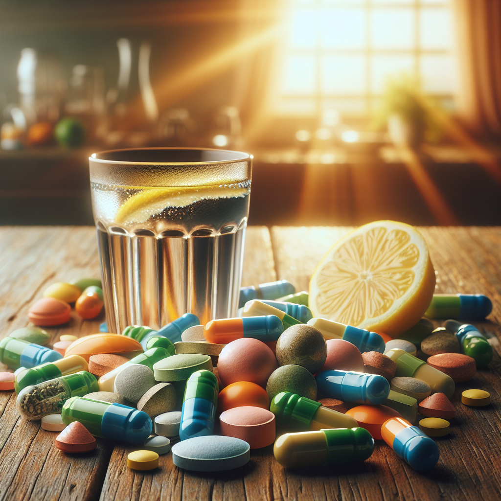 An assortment of colorful anti-hangover supplements on a wooden table with a glass of water and a halved lemon.