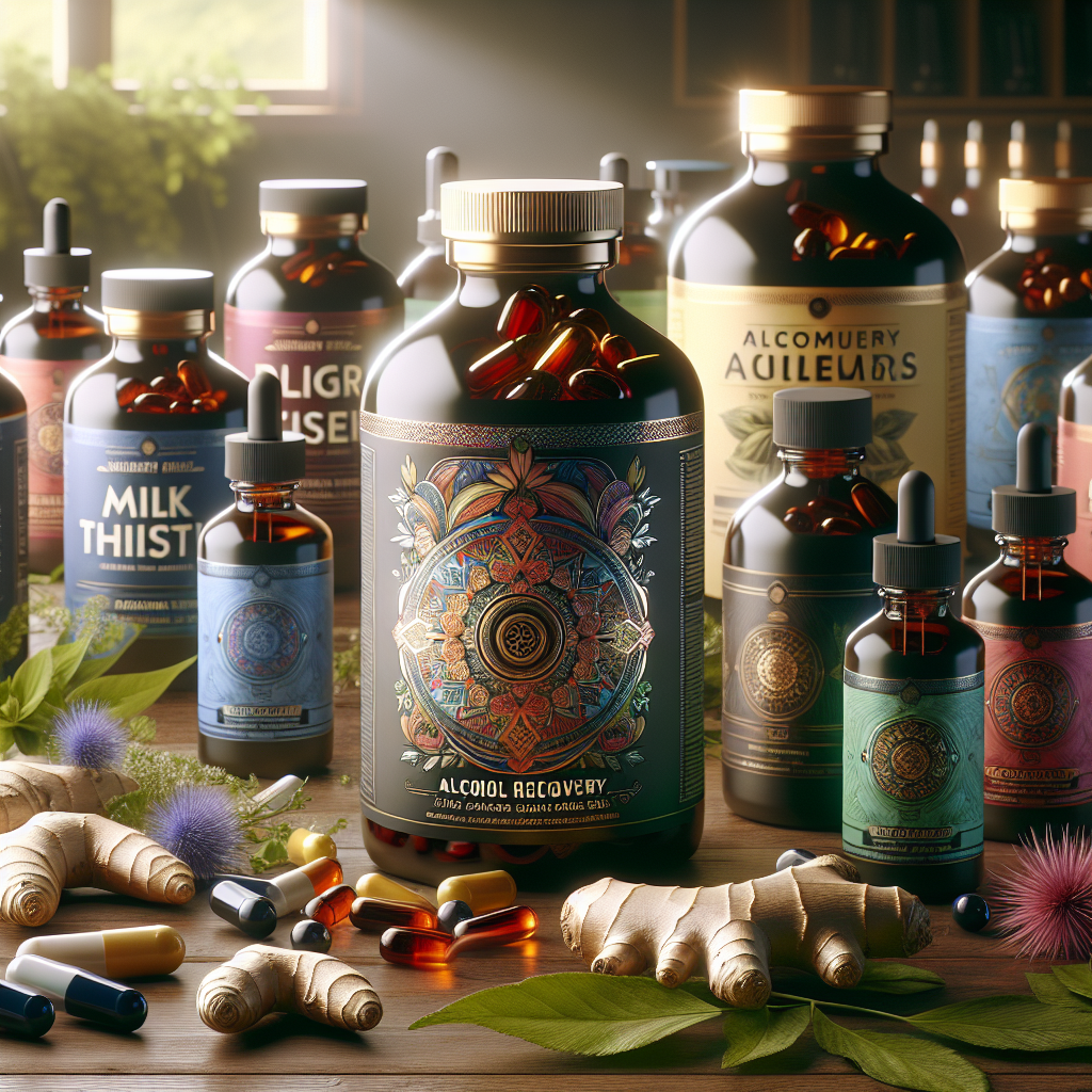 A variety of alcohol recovery supplements displayed on a wooden table with fresh herbs.