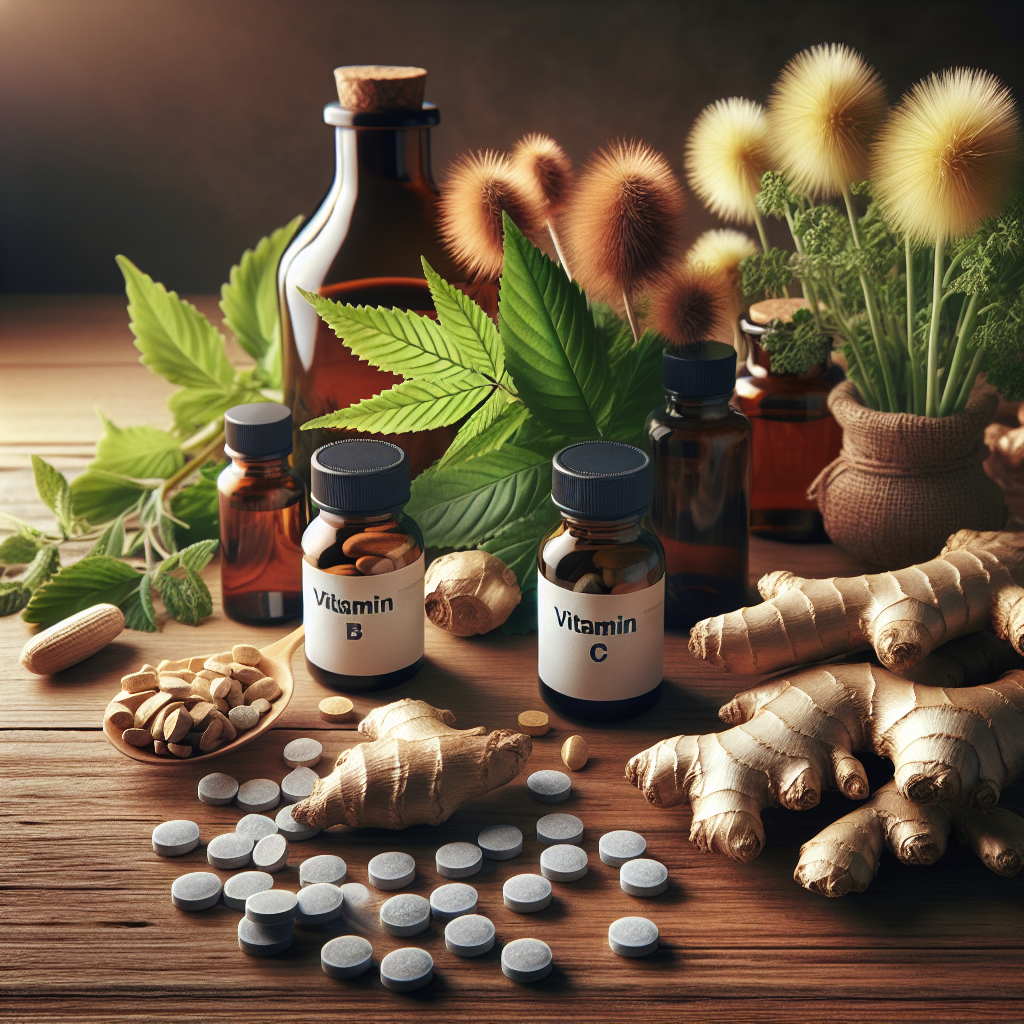 A collection of natural ingredients for alcohol recovery supplements including Vitamin bottles, Milk Thistle leaves, and raw Ginger root.