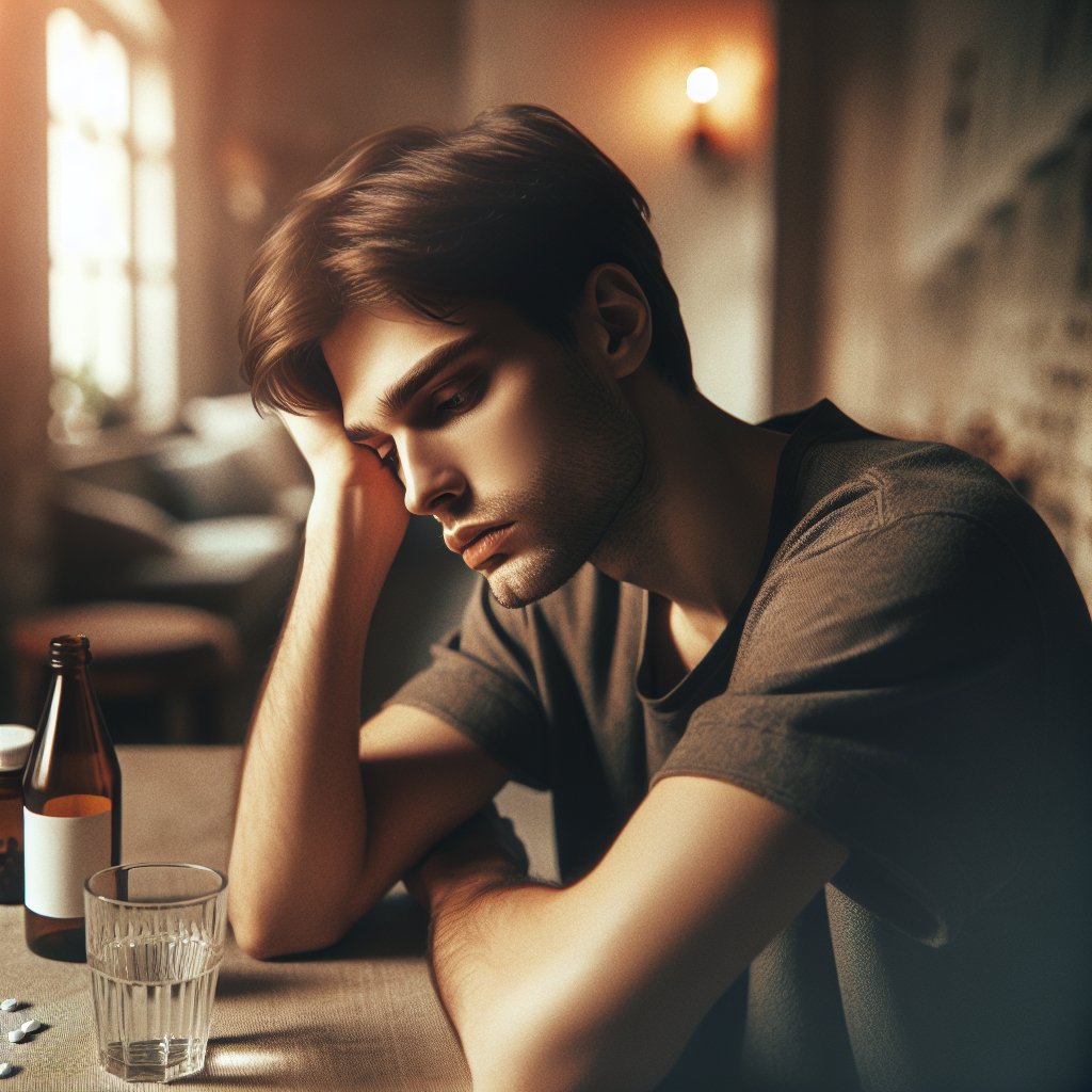 A person showing hangover symptoms sitting at a table with an empty glass and pills.