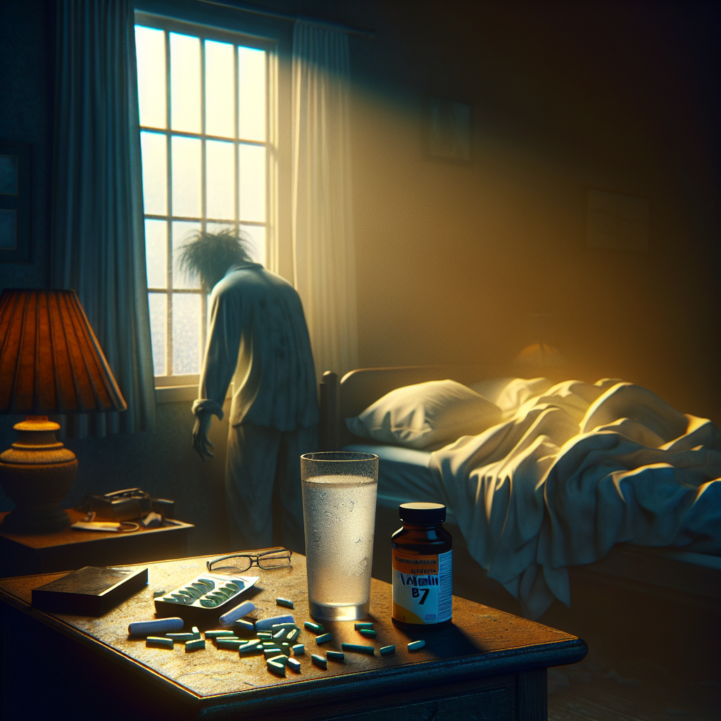 A cozy, dimly lit room depicting a hangover scene with a glass of water and vitamin B1 supplements.