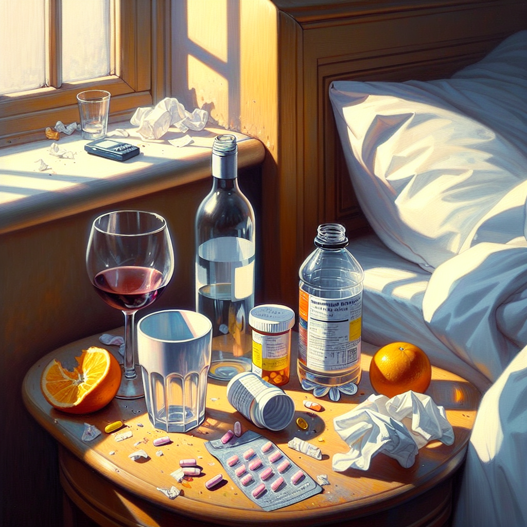 A bedside table with an empty wine glass, a water bottle, and colorful vitamin bottles, creating a scene of post-party fatigue.