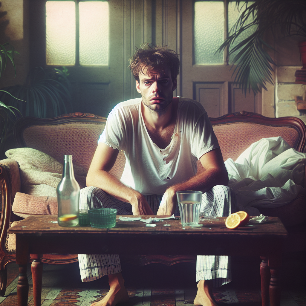 A hungover man sitting in a cozy living room surrounded by empty bottles and a glass of water.